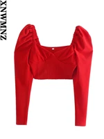 xnwmnz long sleeve corset top for women clothing sexy 2022 red cropped blouse y2k party club square collar spring autumn tshirt