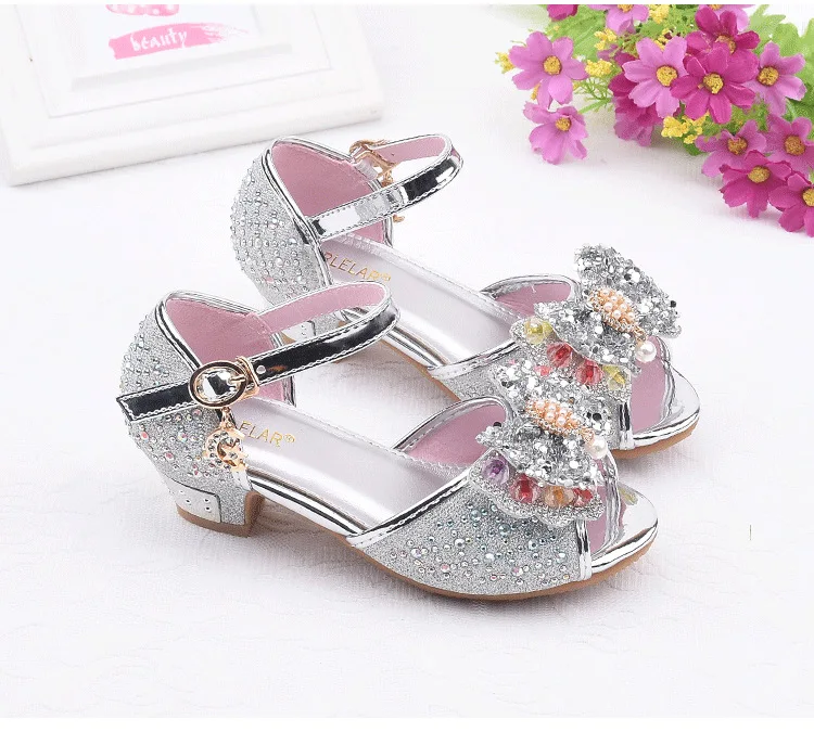 

2020 Children Kids Girls Sandals Butterfly Bowtie Dance High Heel Princess Shoes Glitter Leather Party Dress Wedding Shoes