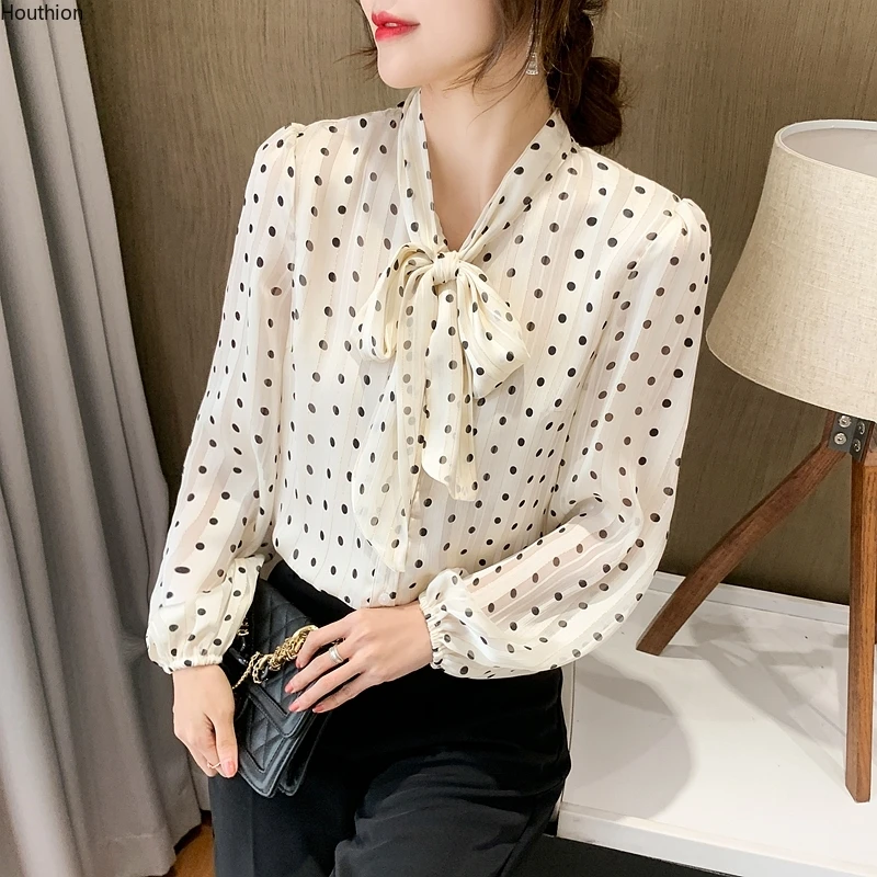 

Houthion Silk Women's Blouses Long Sleeved Top Fashion Casual Silk Shirt New Korean Style Polka Dot Print Blouse Bow Lady Blusas