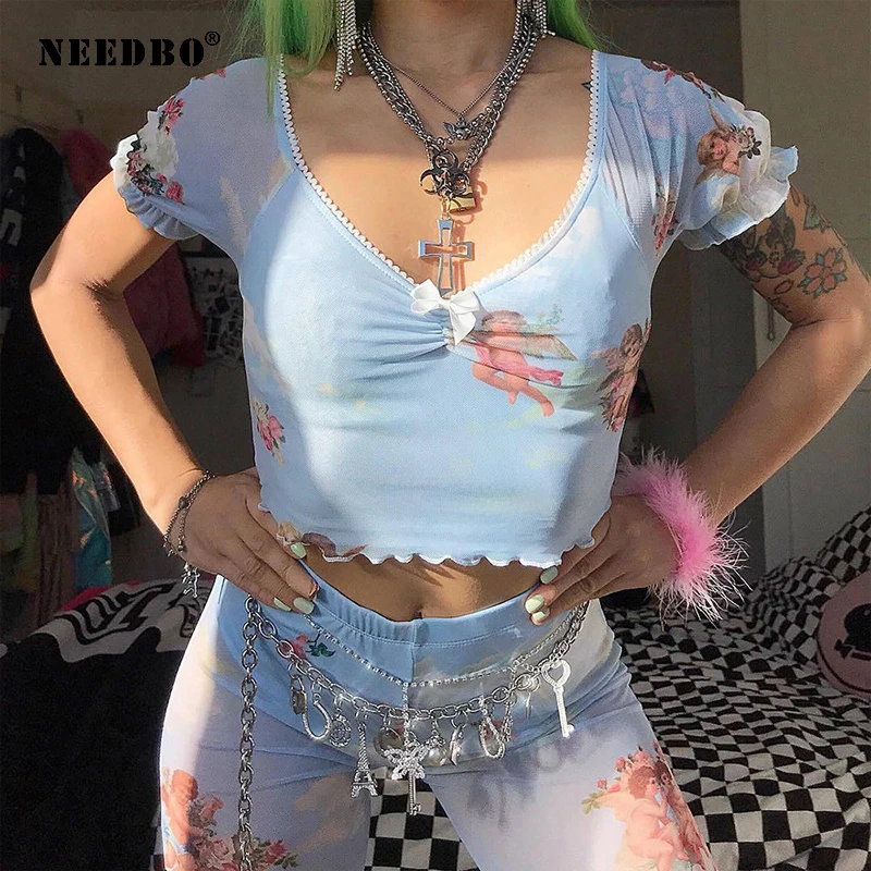 

NEEDBO Summer Crop T Shirt Women Bow Harajuku Tshirt Casual Sexy Slim Fit Tshirt Women Sexy Elegant Top t Shirt Women 2020