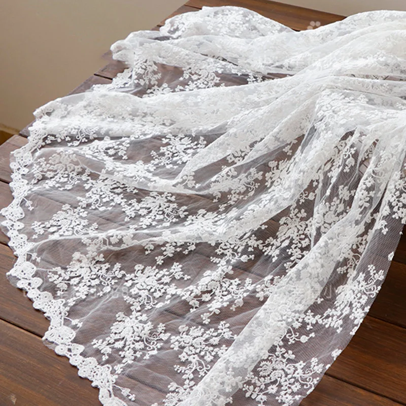 

130cm Wide Gauze Embroidery Lace for Wedding Dress Curtain Wave Edge Cotton Chemical Fiber Base Fabric Decoration