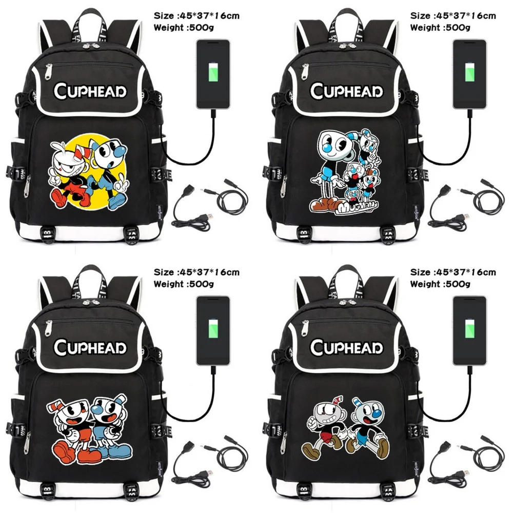 

Game Cuphead Mugman Canvas Packsack Teenagers Zip Schoolbag Unisex USB Charging Shoulders Travel Laptop Bag Cartoon Backpack