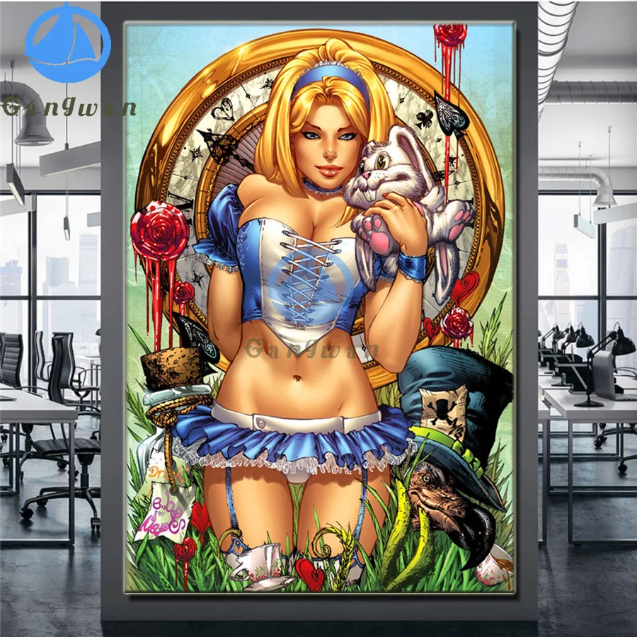 

Алмазная 5D картина «сделай сам», мультяшная девушка, кролик, шляпа, птица, полный квадрат/круглый стразы, набор для алмазной вышивки, мозаика...