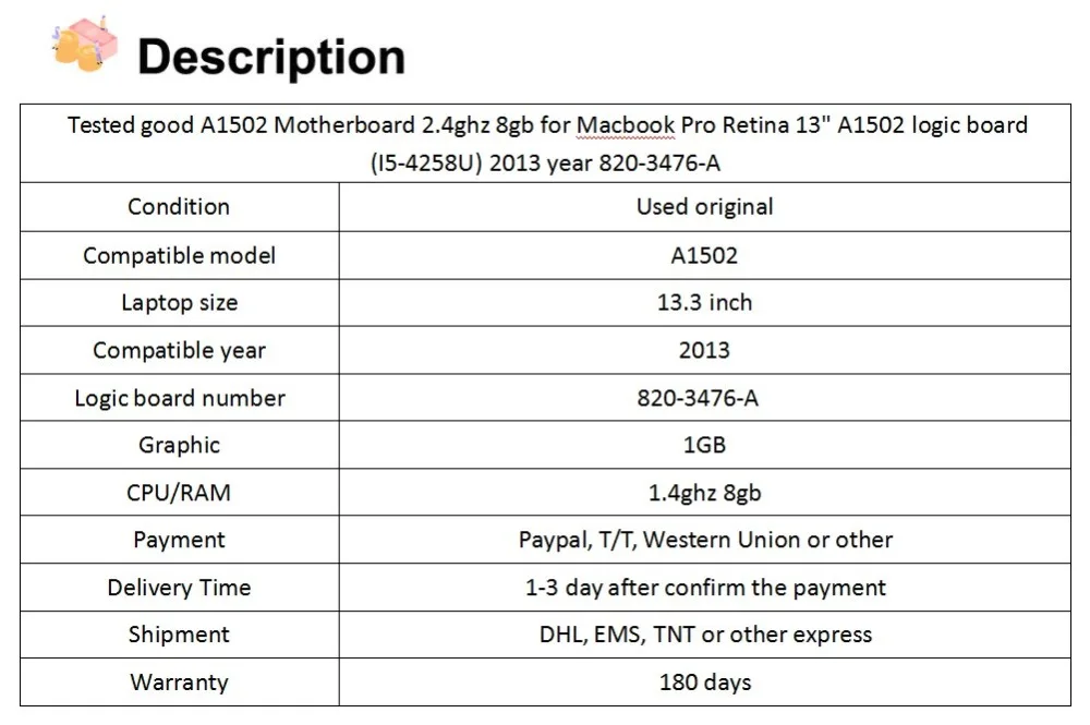 Протестированная материнская плата good A1502 2,4 ГГц 8 ГБ для Macbook Pro retina 1" A1502 логическая плата(I5-4258U) 2013 год 820-3476-A