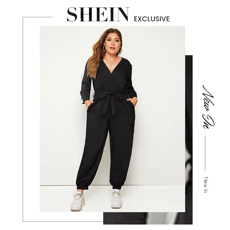 SHEIN плюс размер цветной блок Surplice передний комбинезон с поясом женский весенне-осенний Повседневный v-образный вырез длинный рукав спортивные длинные Комбинезоны