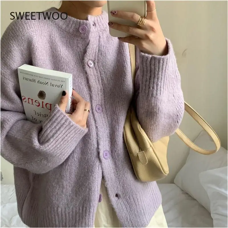 

2021 Korean Sweet Autumn Winter Loose Sweater and Cardigans Women Casual Long Sleeve O Neck Button Up Oversized Jacket Cardigan