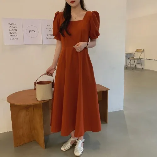 

KUSAHIKI Woman Dress Korean Elegant Square Collar Dresses Puff Sleeve 2021 Summer New Slim Waist Vestidos De Mujer 6H830