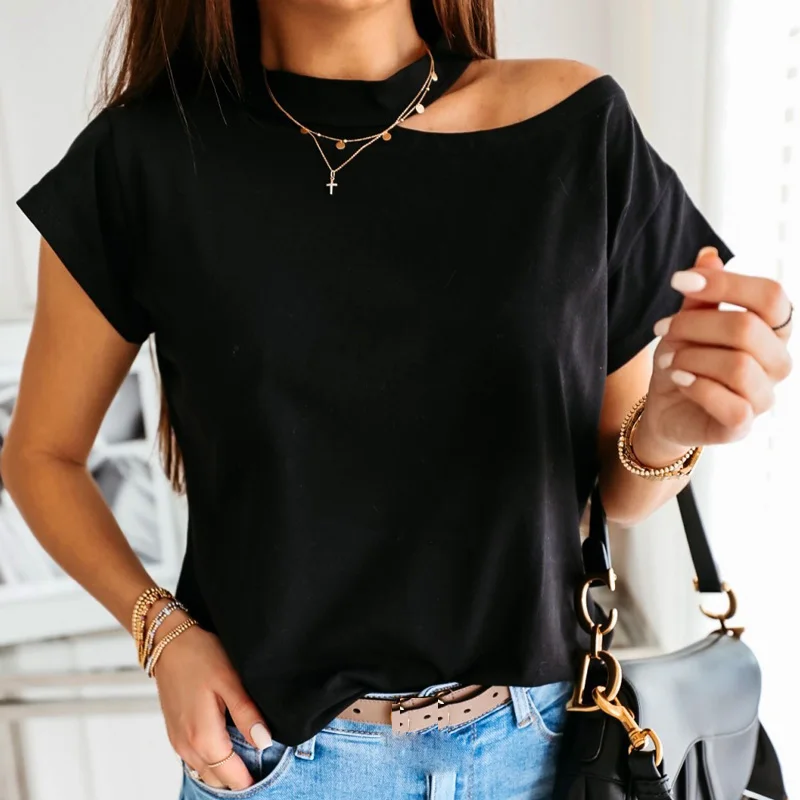 

2021 New Style Women's Cold Shoulder T-Shirts Female Short Sleeve O-Neck Solid Color Top Shirts Summer Casual Fashion Clothes