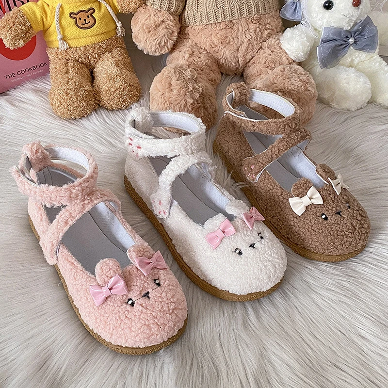 

NEW Cute Lolita Shoes 2022 Japanese Lamb Wool Lo Shoes Kawaii Plush Mary Jane Women Shoes College Girls JK Uniform Loli Shoes