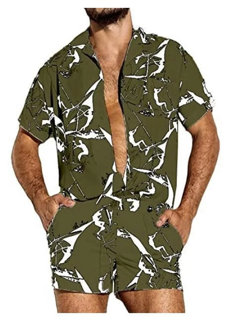 

Mens One Piece Set Summer Fashion New Plus-size Men's Jumpsuit Print Loose Men's Clothing Short Sleeve Men Jumpsuit