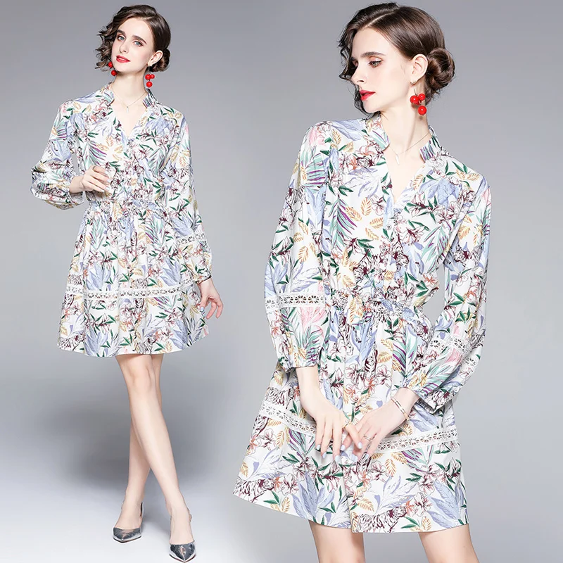 

COIGARSAM Women Dress Autumn 2021 Office Lady Print Full Sleeve Patchwork Lace Hollow Out V-Neck Design And Color Dresses Traf