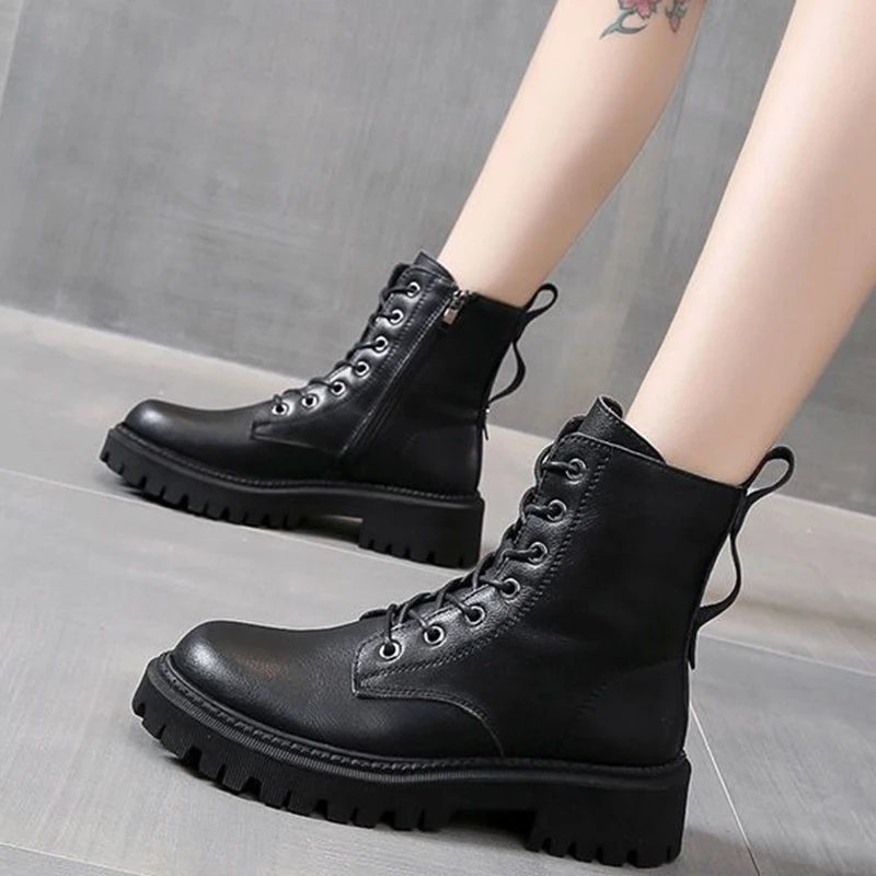 

Lucyever Warm Plush Ankle Boots Women Autumn Winter Thick Bottom Pu Leasther Motorcycle Boots Round Toe Lace-up Platform Botas