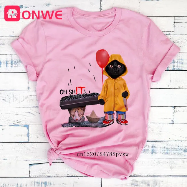 Women Funny Black Cat Print Tshirt Girl Harajuku Casual White Top Tees Female 90s Clothes Drop Shipping | Женская одежда