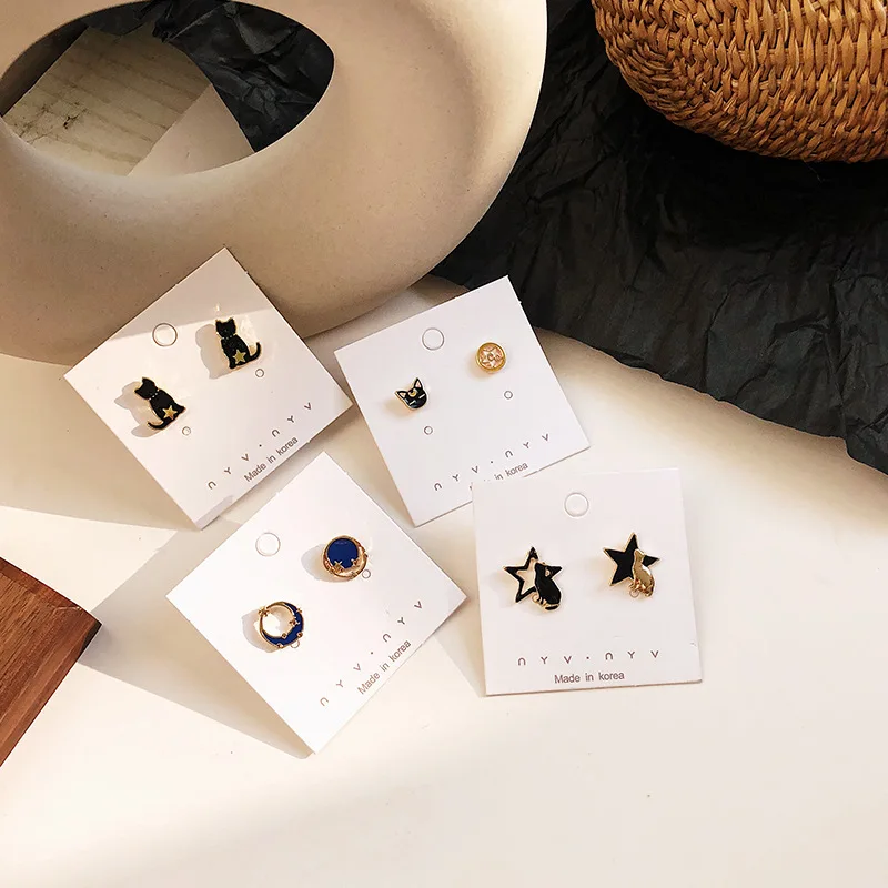 Новые модные милые забавные кошачьи ассиметричные серьги с звездным небом для