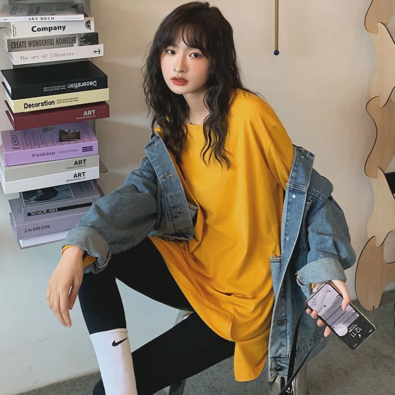 

Women T-shirt Slit Long Sleeve Basic Tee Shirt Solid Oversized Loose Casual O-neck Harajuku Female Tops 2021 New Spring Atumn