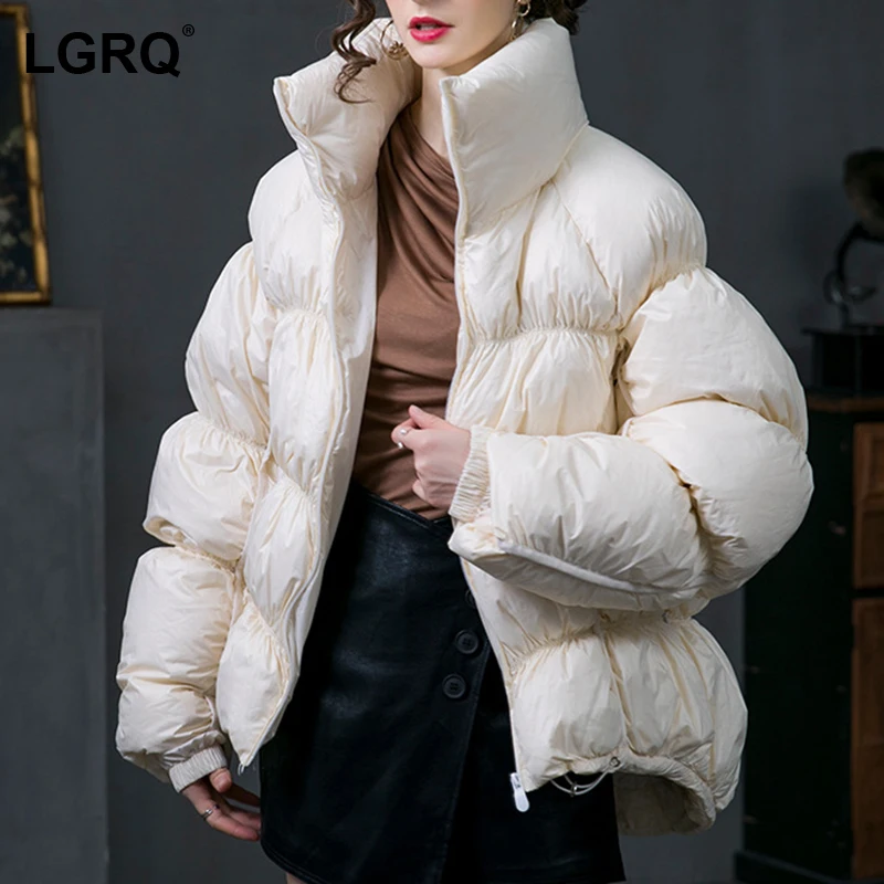 

[LGRQ]White Duck Down Cotton-padded Coat Long Sleeve Fit Women's Quilted Puffer Parkas Fashion New Autumn Winter 2021 19D4688