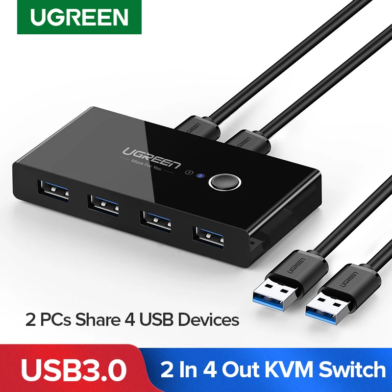 

KVM-переключатель Ugreen USB 3,0 2,0 KVM, USB-переключатель для клавиатуры, мыши, принтера Xiaomi Mi Box, 2 шт., порт с общим доступом, 4 шт. устройств, USB-концентра...