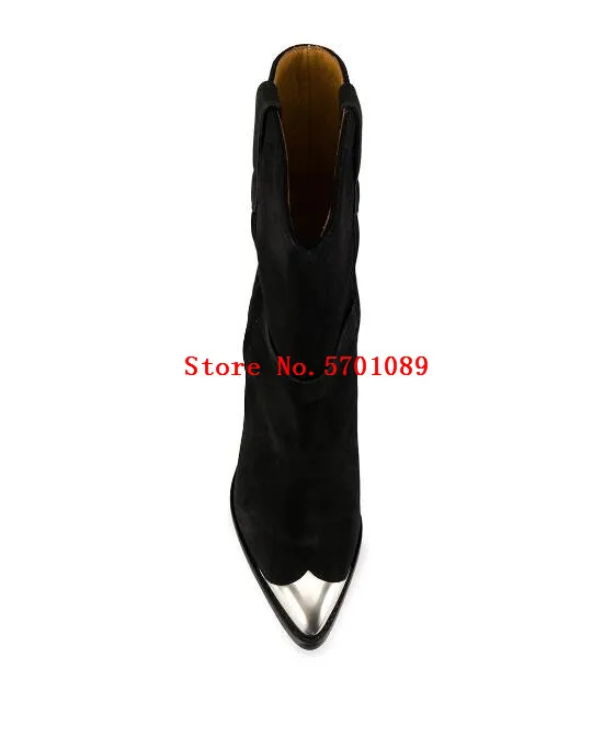 

Black Suede Lamsy Boots Metal Toe Cap Multiple Front Straps Pull-on Style Chunky Mid-heel Shoes