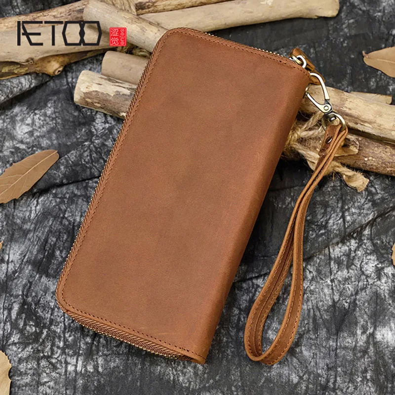 

AETOO Men's Crazy Horse Leather Long Wallet, Genuine Leather Double Zipper Wallet, Multi-Card Position Cowhide Wallet