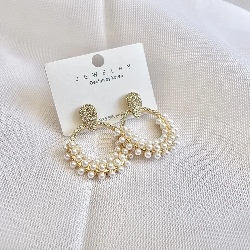 

Silver Needle Pearl Water Drop Rhinestone Earrings Female Korean Advanced Sense Net Red Circle Earrings Trendy Women's Earrings
