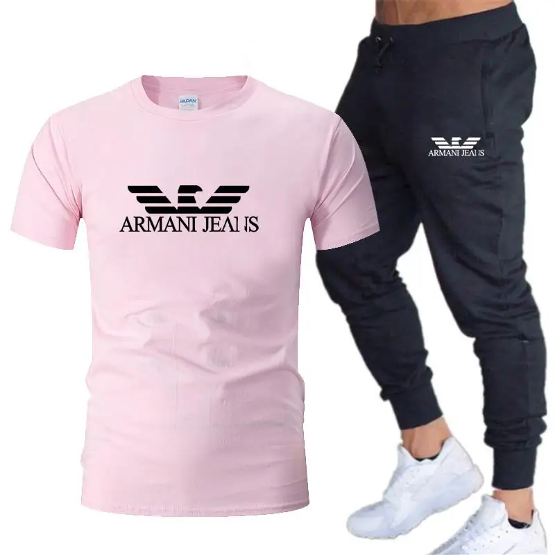

Pure cotton men's T-shirt + trousers men's brand two-piece track and field sportswear casual T-shirt fitness sports suit men's j