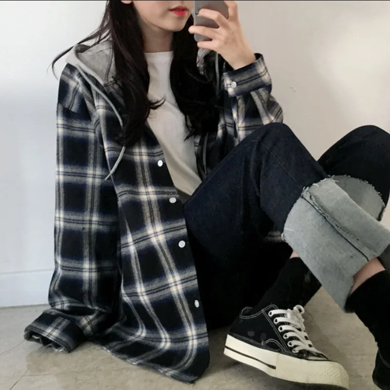 

Women Plaid Jackets Long Sleeve Preppy-style Casual Button Up Hooded Coat Spring Korean Fashion Outwear Girls Oversize Jacket