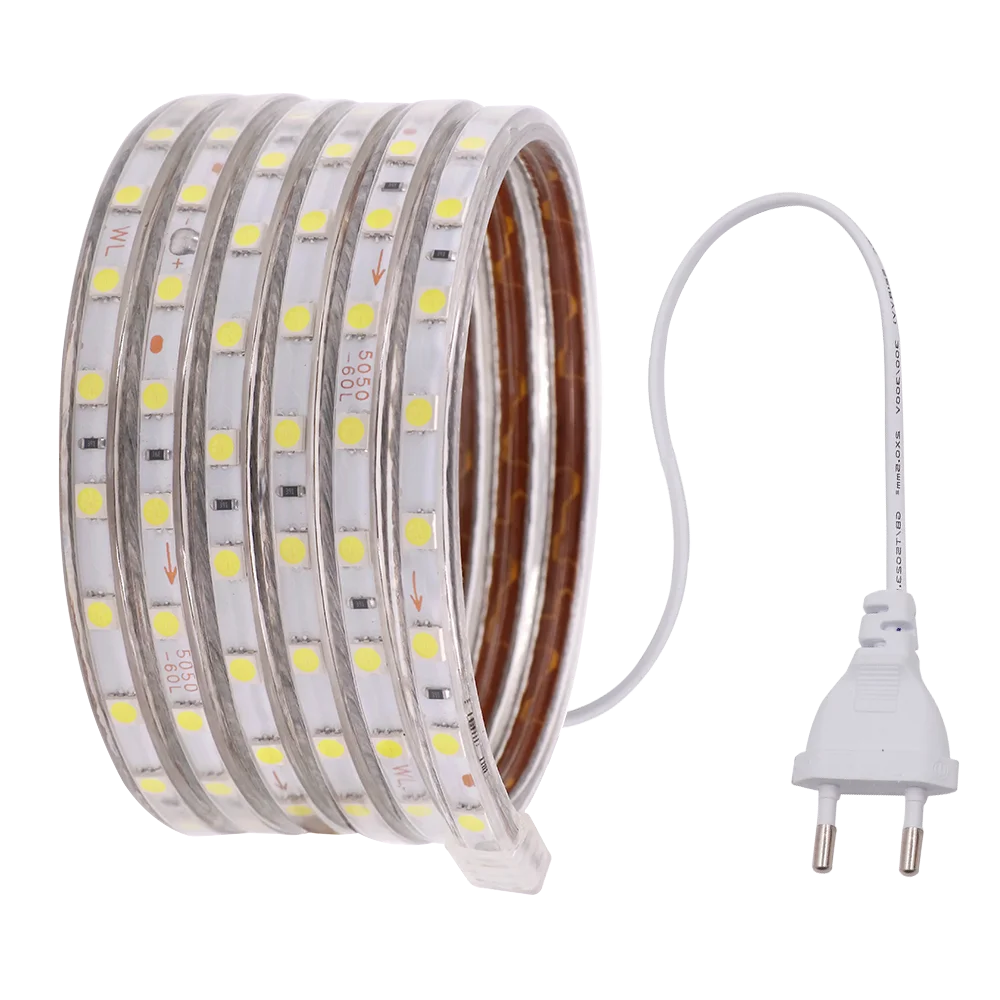 

AC220V LED Strip Flexible Light SMD 5050 60leds/m Waterproof Led Tape LED Light With Power Plug White/Warm White/Blue Luces Led