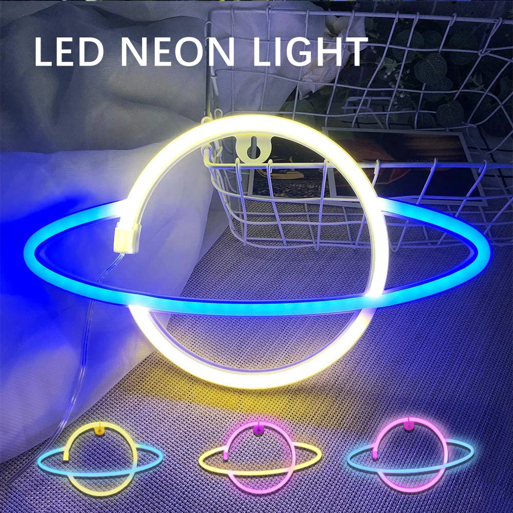 

LED Elliptical Planet Neon Lamp USB Powered Sign Night Light Home Decorative Bedroom Wall Light Party Room Lighting Decor D30