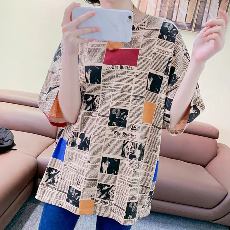 

Plus Size Cartoon Printed T-shirt Round Neck Summer Women Short Sleeve Letter Streetwear Tee Shirt