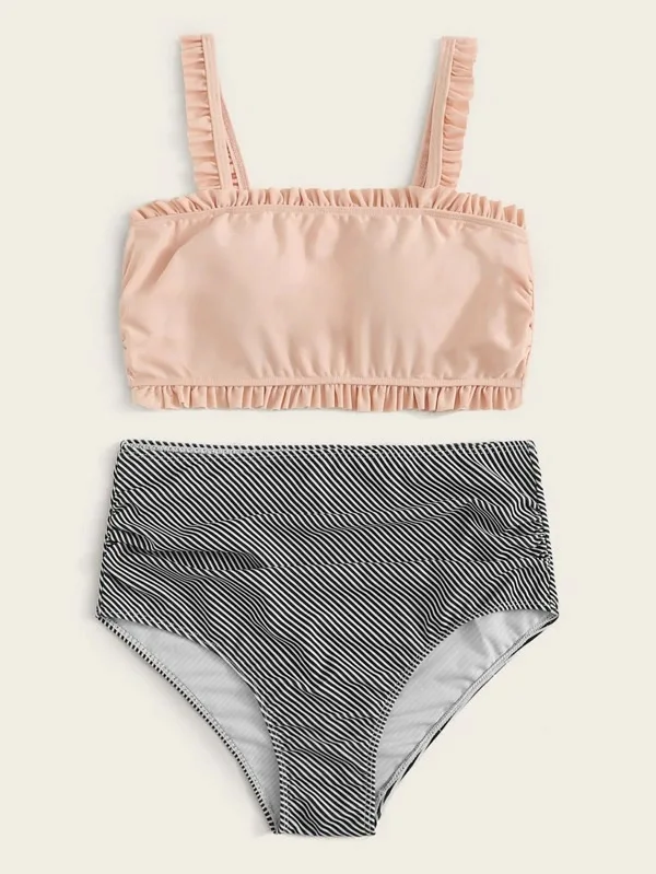

Hirigin Cute Ruffles High Waist Bikini Set Women Swimwear 2020 Push Up Padded Swimsuit Striped Sexy Bathing Suit Summer Monocini