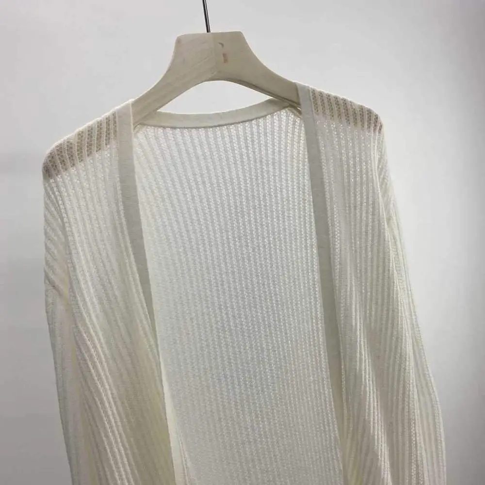 

Early Autumn Women Hollow out Cardigan Knitwear Long Sleeve Thin Ladies Loose Mid-length Sweater