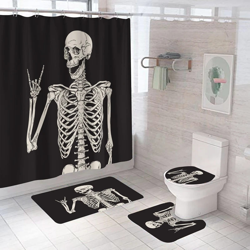 

Funny Rock Roll Skull Skeleton Waterproof Bathroom Shower Curtain Nonslip Floor Rug WC Seat Cover Horror Halloween Ornament