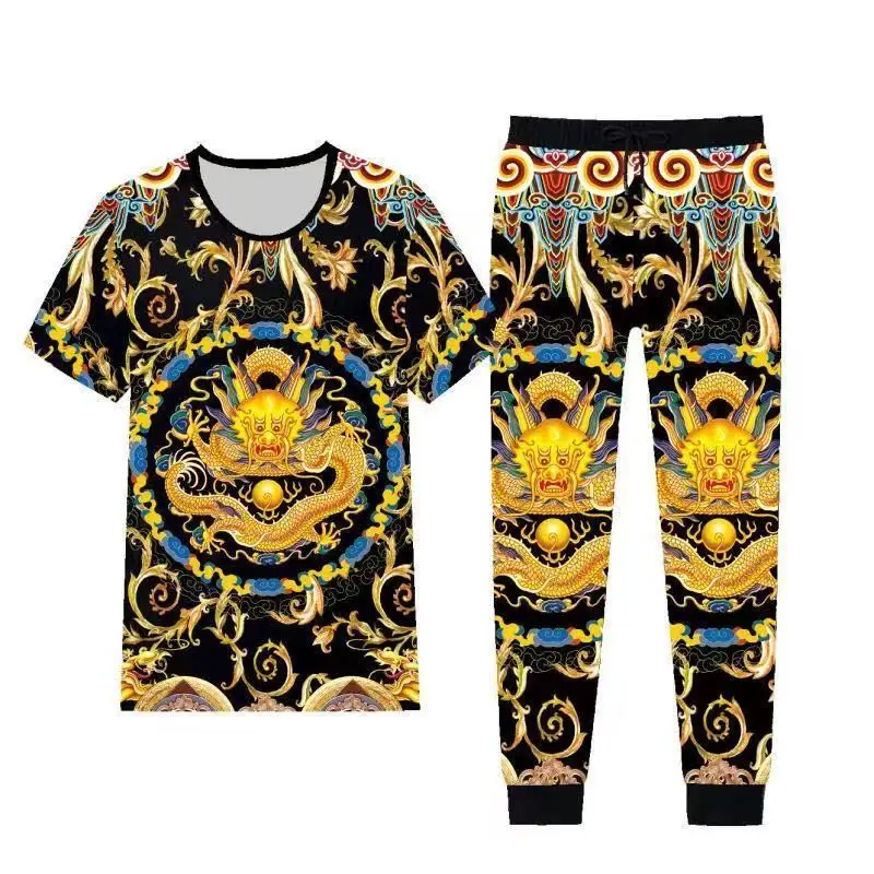 

Summer Men's Print Sweatsuit 2 Piece Set Male 3D Dragon Short-Sleeved Casual Slim T-shirt Trousers Tiger Print Tracksuit Clothes
