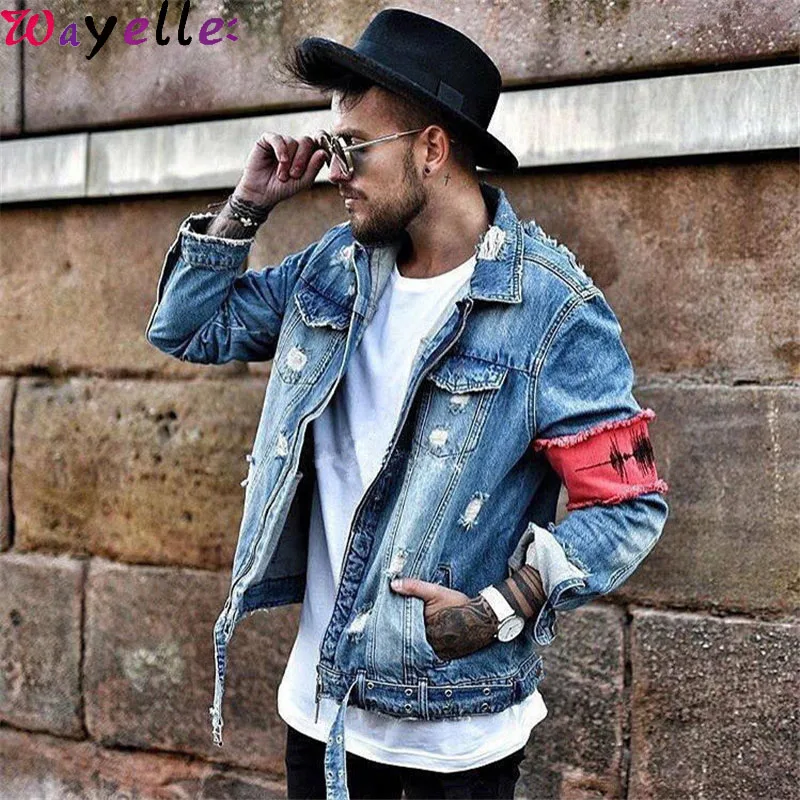 Оригинальная джинсовая куртка для мужчин уличная мода 2019 хип хоп панк стиль