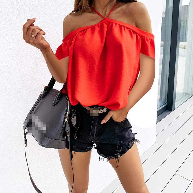 

Женская блузка с открытыми плечами, однотонная Повседневная рубашка с коротким рукавом и лямкой на шее, уличная одежда, модель SJ5955X на лето