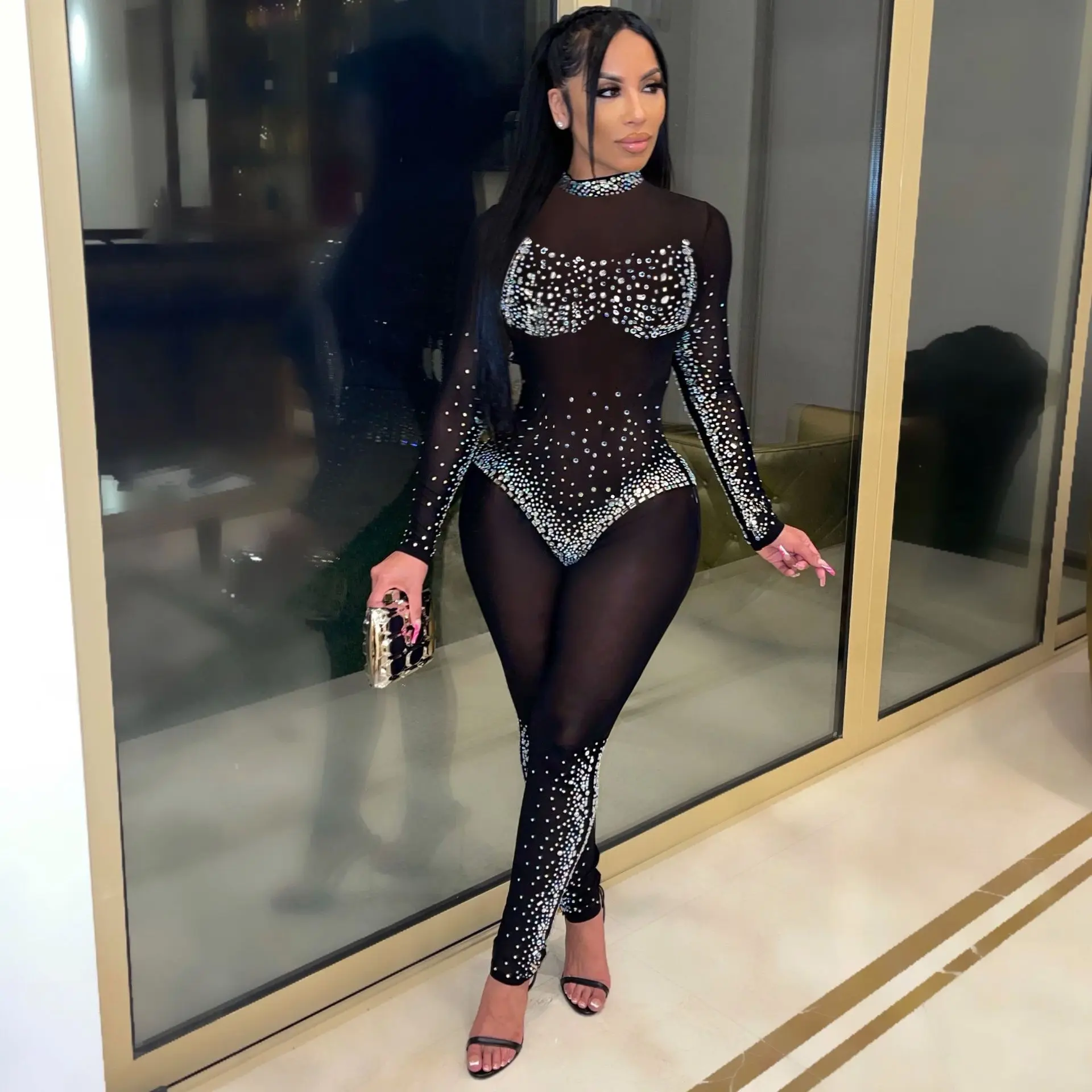 

Beautiful Mesh Crystal Embellished Jumpsuit Women Rompers New Glam See Through Mesh Sequins Jumpsuit Birthday Outfits