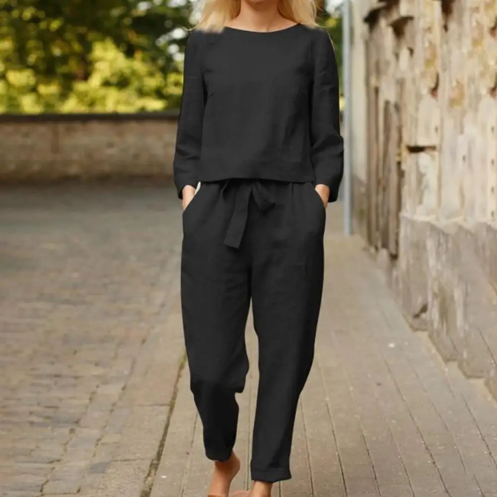 

80%HOT2-piece women's solid color lace-up spring and autumn long-sleeved round neck T-shirt pocket pants streetwear casual O-nec