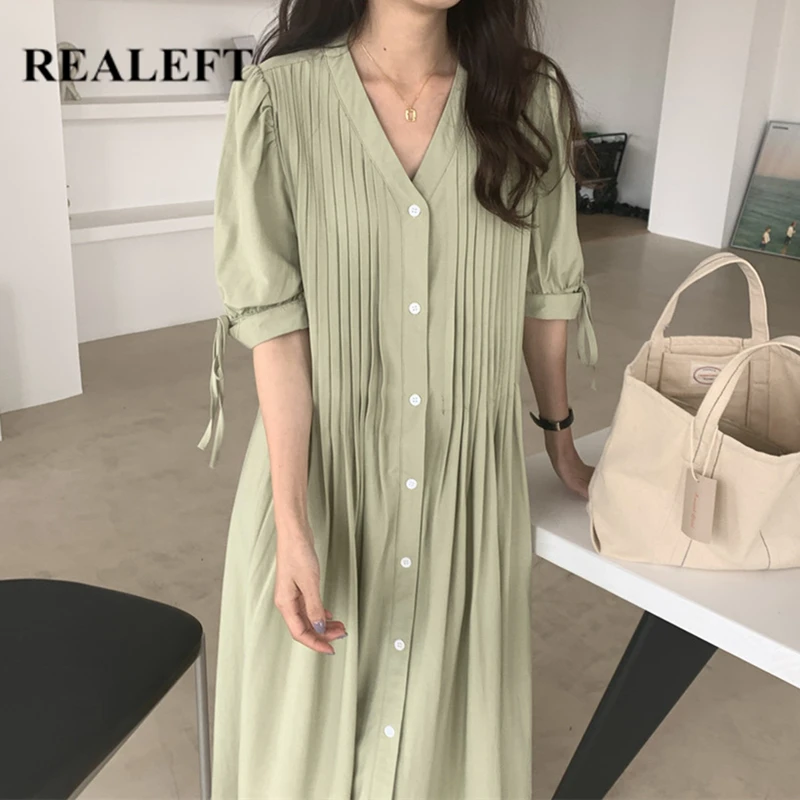 

Женское однобортное платье-рубашка REALEFT, длинное прямое плиссированное платье с коротким рукавом и V-образным вырезом, лето 2021