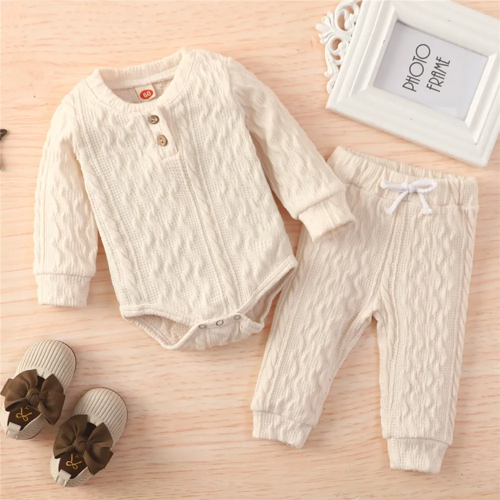 0-24 Months Newborn Baby Knitted Warm Romper Tops Pants 2Pcs Suit Toddler Girl Boy Long Sleeve Fall Winter Homewear 2021