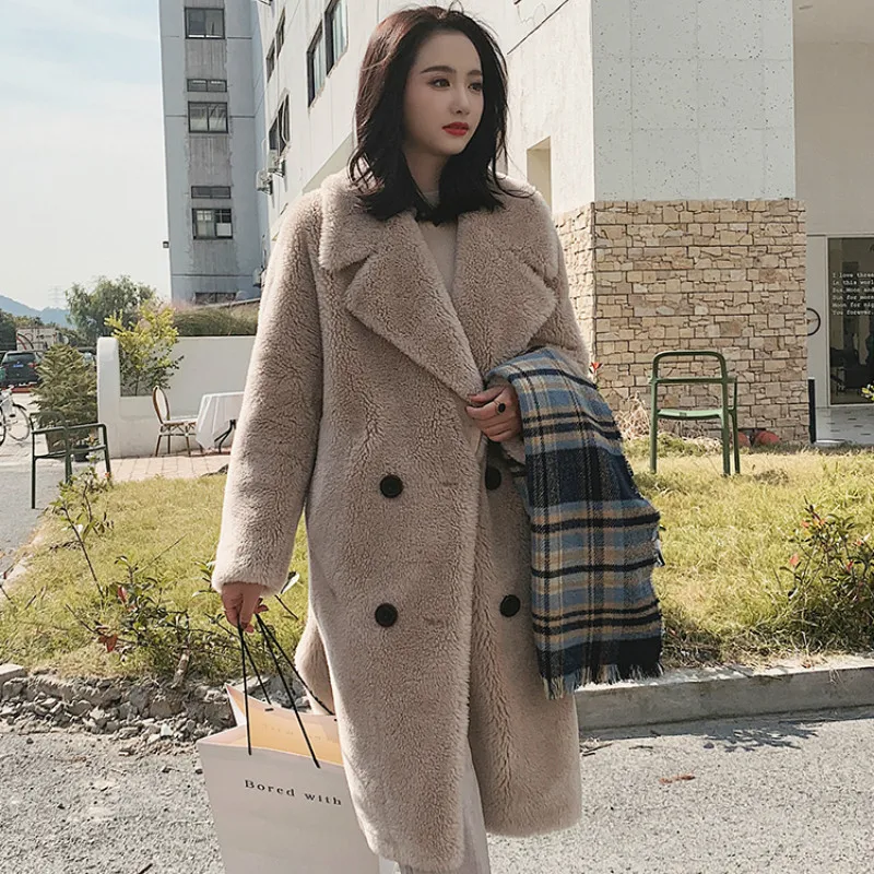 Пальто из натурального меха женская зимняя теплая куртка ягненка корейское
