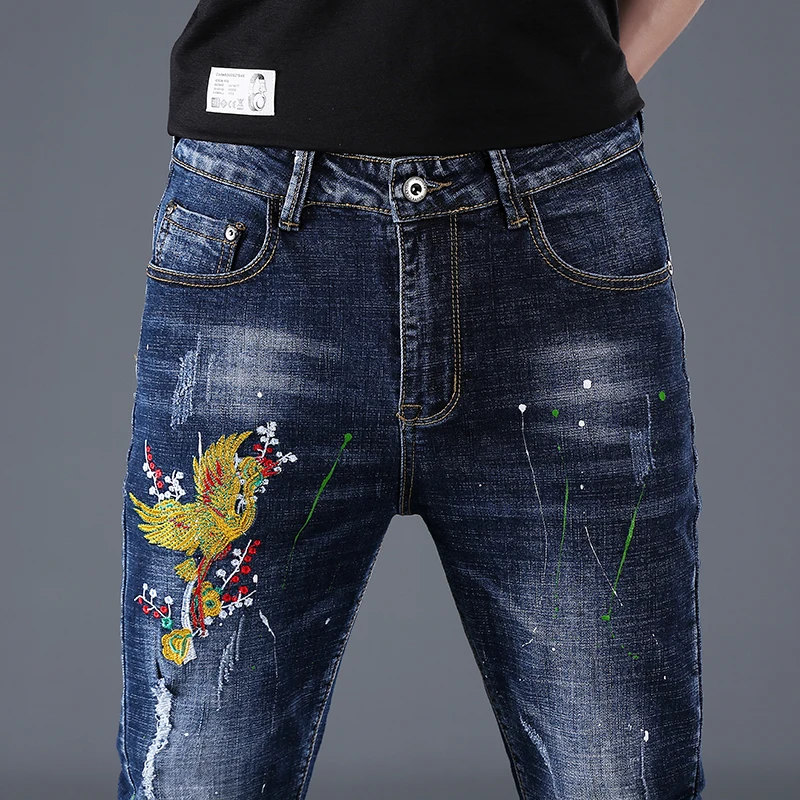 

2021 new style, men's straight leg jeans, men's stretch jeans, men's embroidered jeans, Chinese pants, ethnic embroidery, fashio