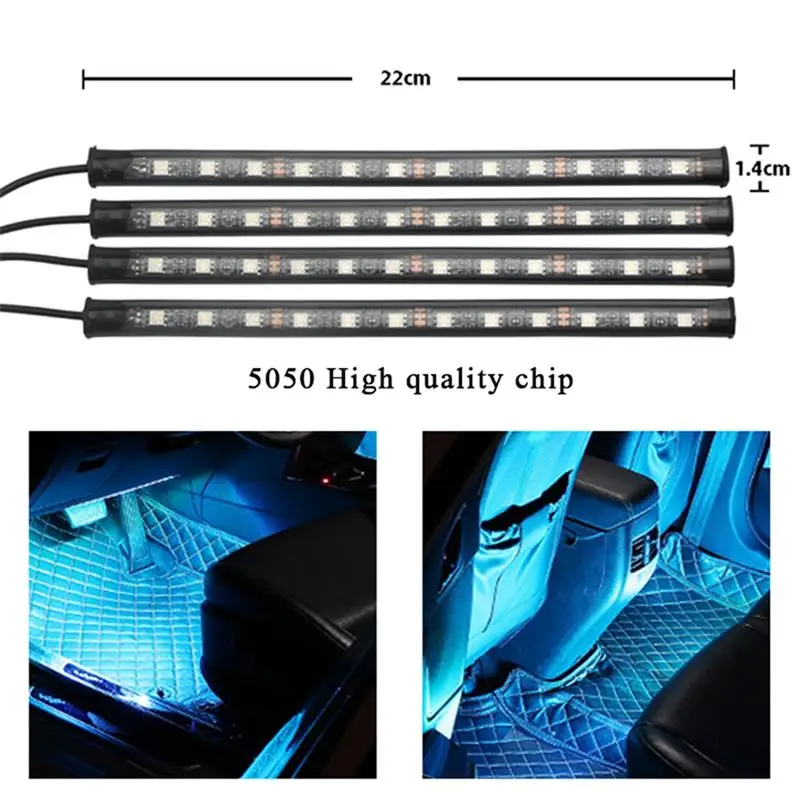 

4Pcs Car Interior RGB Decorative Light Bar Light Strip LED Atmosphere Lights Neon w/Music Control Car Foot Lamp Ambient Llight