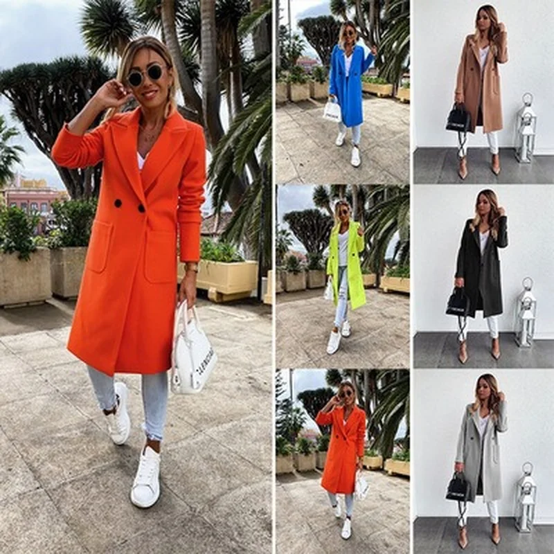 

2021 Autumn Winter New Temperament Lapel Wool Outerwear Women Classic Blends Coats for Ladies Casual Vintage Women's Overcoat