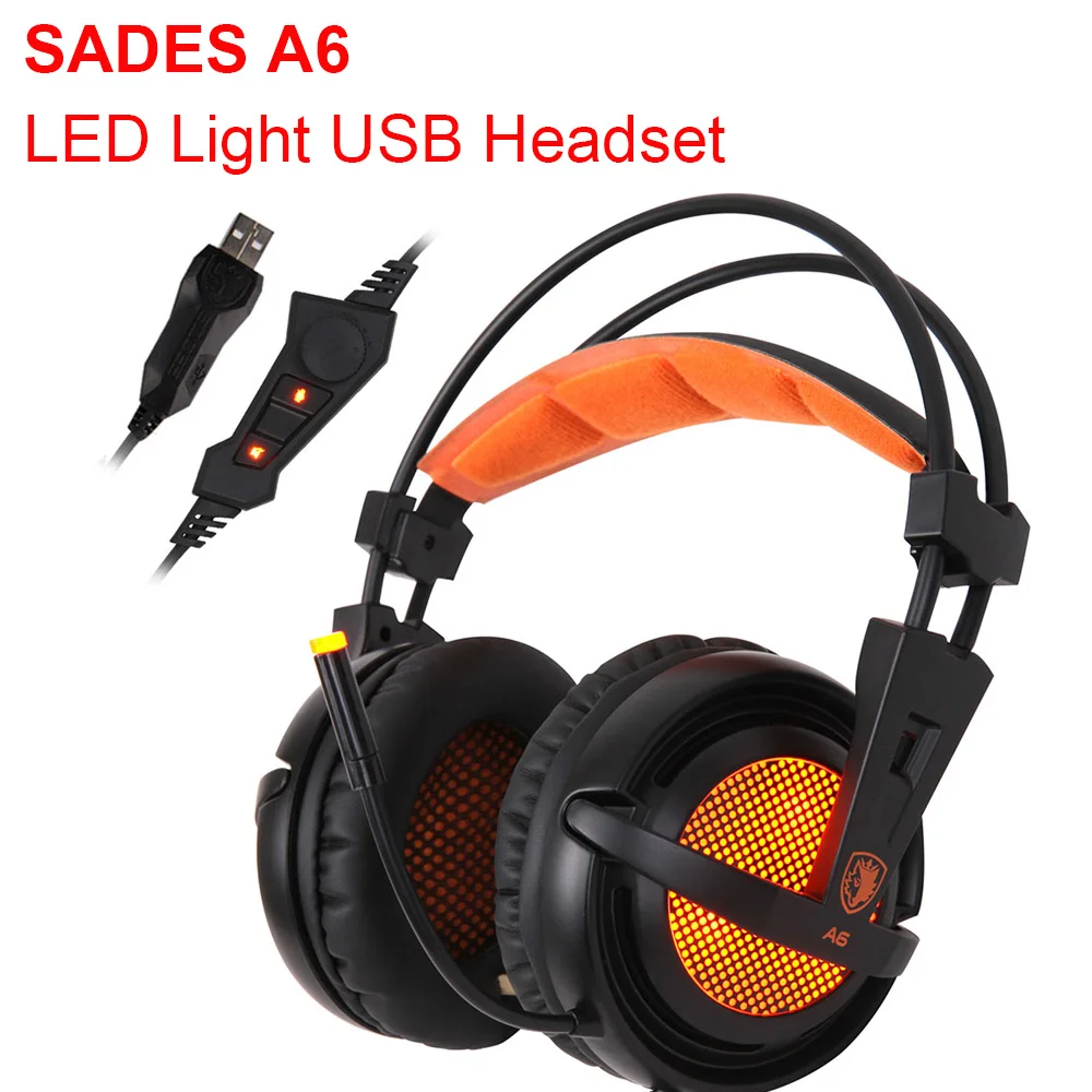 Sades A6 светодиодный индикаторы USB игровая гарнитура 7 1 объемный звук стерео за ухо