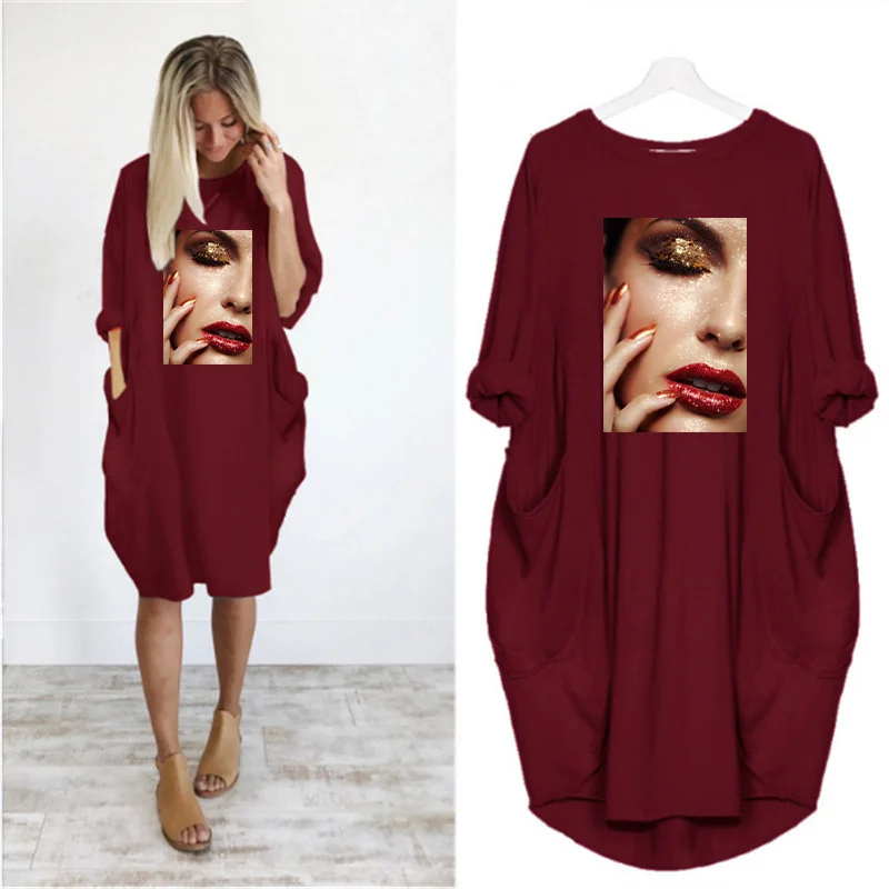 

2020 Women Dress Red Lips Beauty Print Long Sleeve Casual O Neck Pocket Loose Woman Dress Plus Size Vintage Vestidos Robe Jurken
