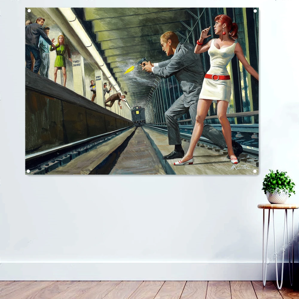 

Gunfight Poster Wall Art Hanging Painting Bedroom Pinup Mural 40s Fashionable Girl Decorative Banner Flags Tapestry Wall Decor
