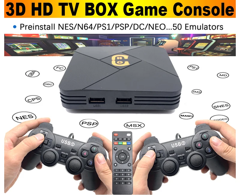 2 4G Беспроводная игровая консоль 4K Android TV Box Классический игровой плеер PS1 N64 5600 игр