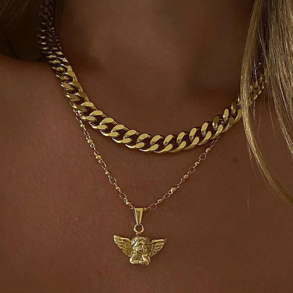 Vintage Fashion Gold Punk Necklace For Women New Faux Pearl Thick Chain Heart-shaped Human Head Coin Snake Pendant Jewelry Gift | Украшения