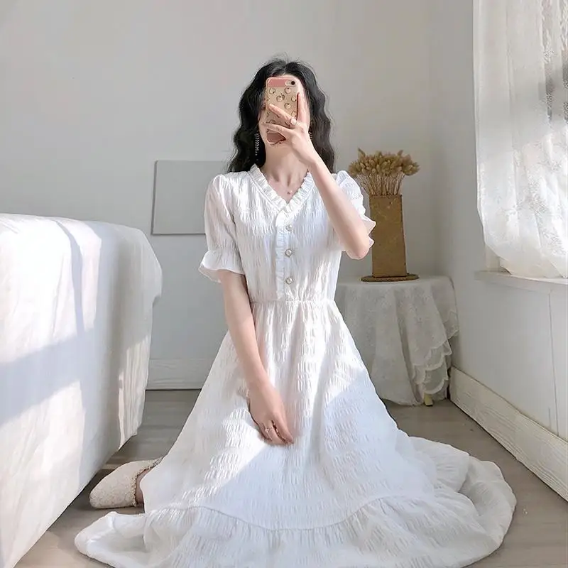 

Summer White Dress Elegant Women Vintage PopularChic Design College Girls Dresses Lovely Ruffles Ladies Holiday Party Wear 2021