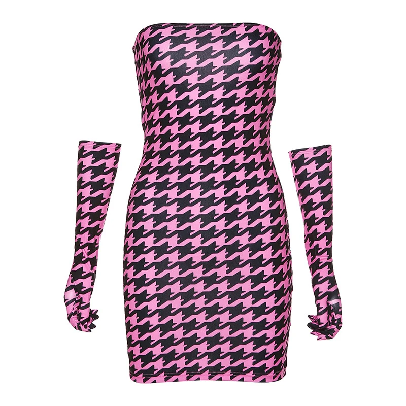 fashionable mono print wear gloves skinny mini dress 2019 sexy Strapless Tube top bodycon bar club outfit | Женская одежда